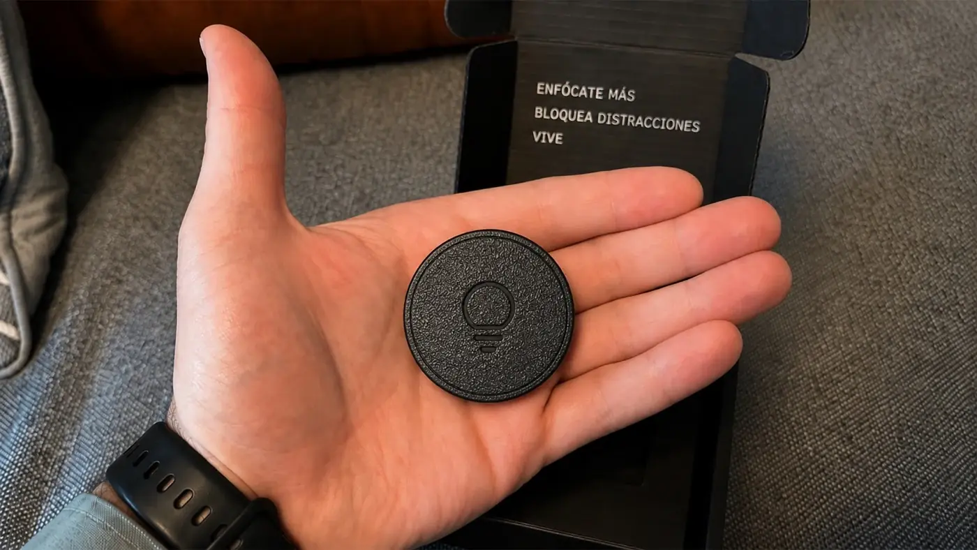 Un disco apoyado en la palma de una mano, al lado de su packaging