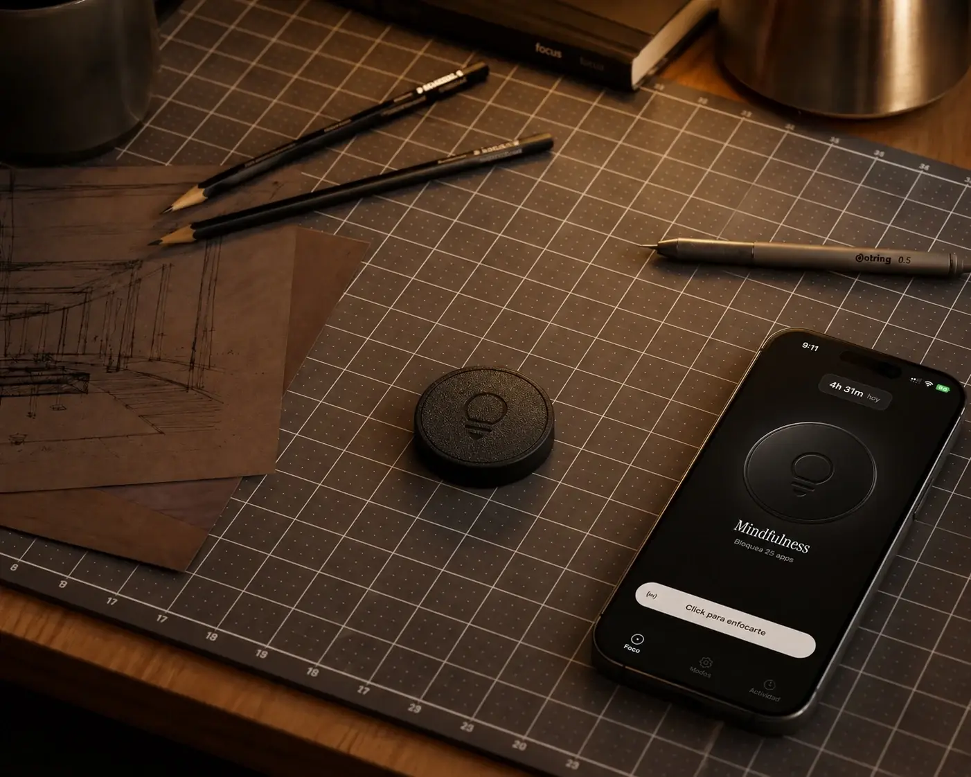 El disco de Foco apoyado en un escritorio, al lado de un teléfono con la app abierta
